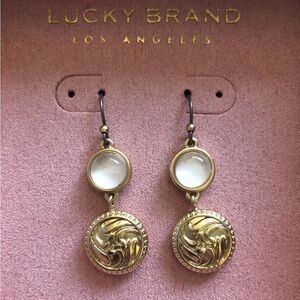 Lucky Brand Gold Tone Round Mother of Pearl & Coin Double Drop Earrings NWT
